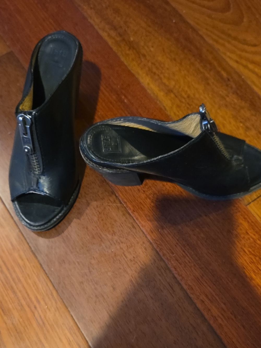 Frye Women's Black Leather Zip-Front Mule Heels